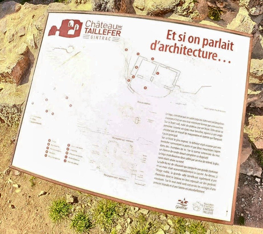 Panneau « Et si on parlait d'architecture… » : plan et restitution du château — Ruines de Taillefer